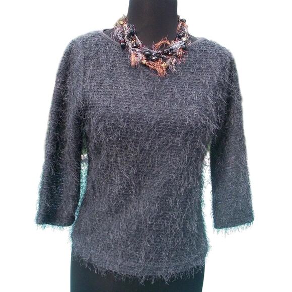 Cache Stretch Body Hugging Sheer Illusion Eyelash S/M Dark Gray 3/4 Sleeve Top - Picture 1 of 5